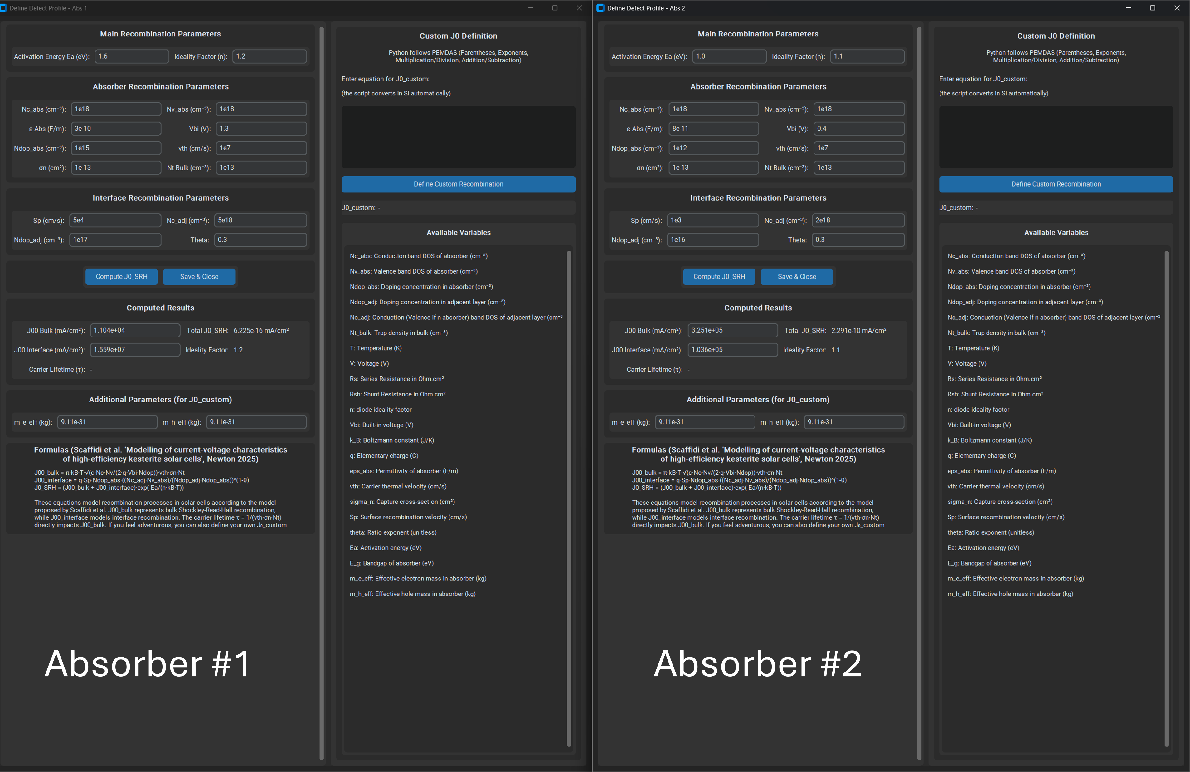 Defect parameter window